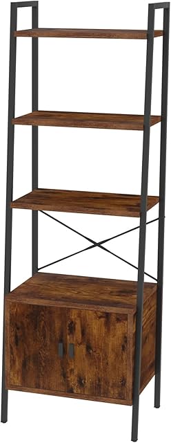 Nivnypt Bookshelf, 4 Tier Shelving Unit Living Room,Ladder Shelf with Cupboard for Bedroom Hallway Home Office,Metal Iron Frame,Rustic Brown 56 x 34 x 173 cm