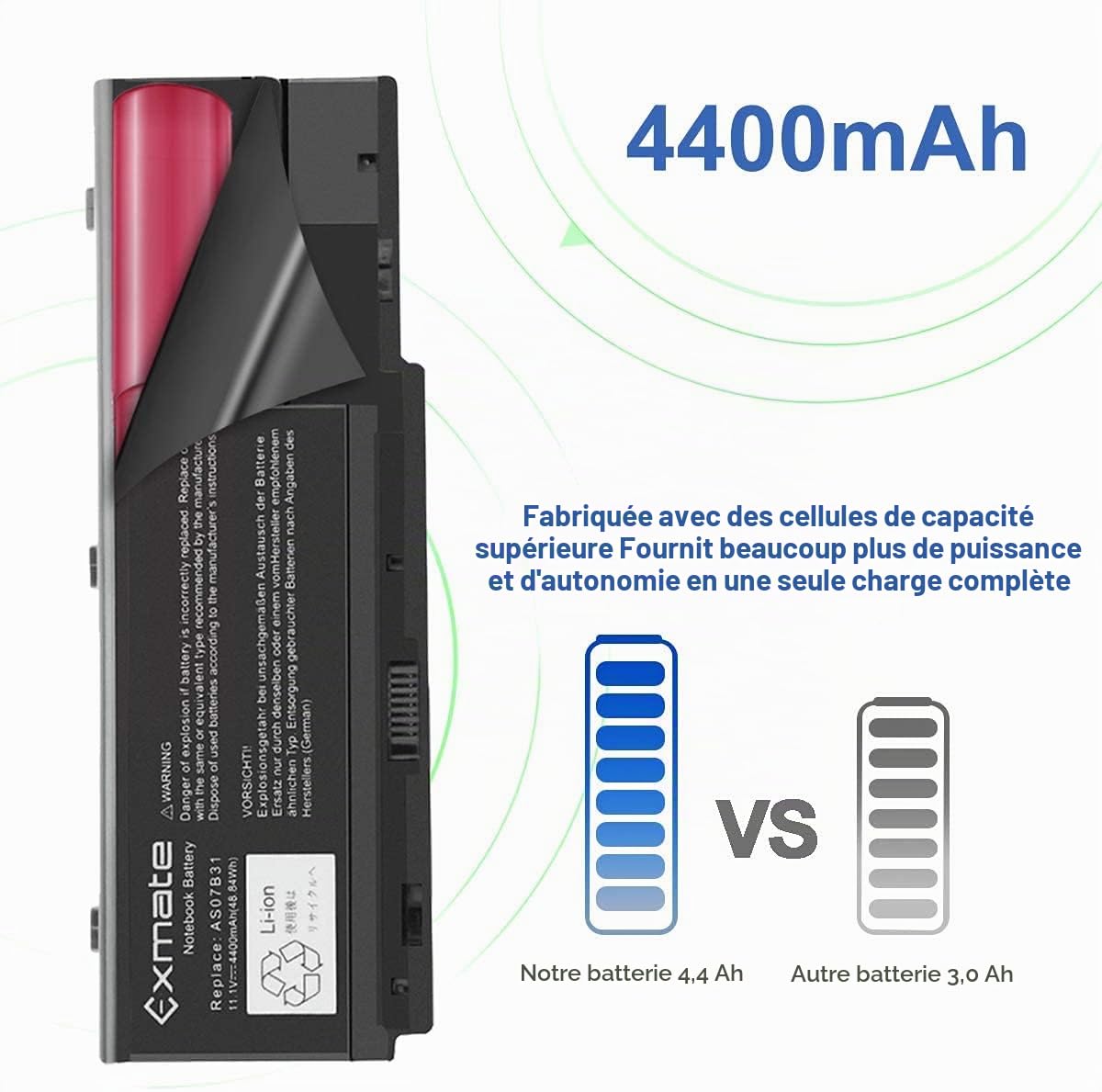 Exmate Batterie AS07B31/AS07B32/AS07B41/AS07B42/AS07B51/AS07B52/AS07B61/AS07B71/AS07B72 pour Acer Aspire/eMachines/Packard Bell Laptop [6 Cellule 11.1V 4400mAh]