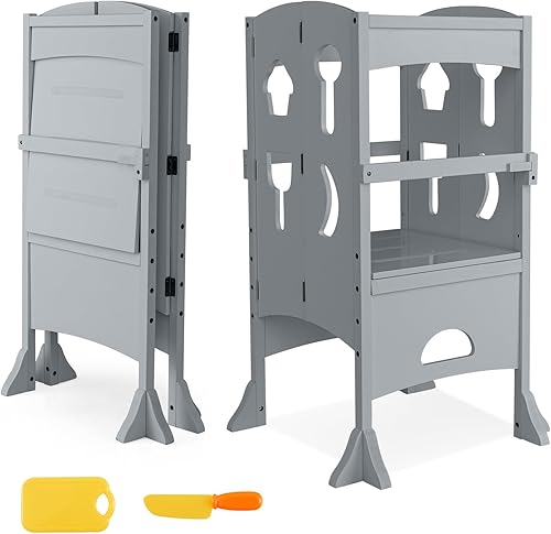 Costzon Taburete de cocina para niños, taburete plegable de madera con riel de seguridad bloqueable, plataforma ajustable de altura de 2 niveles