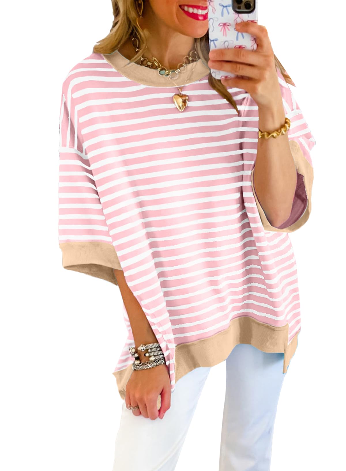 SHEWINWomens Tops Casual Short Sleeve Sweatshirt Striped Shirt Crewneck Pullover T Shirts Loose Blouses