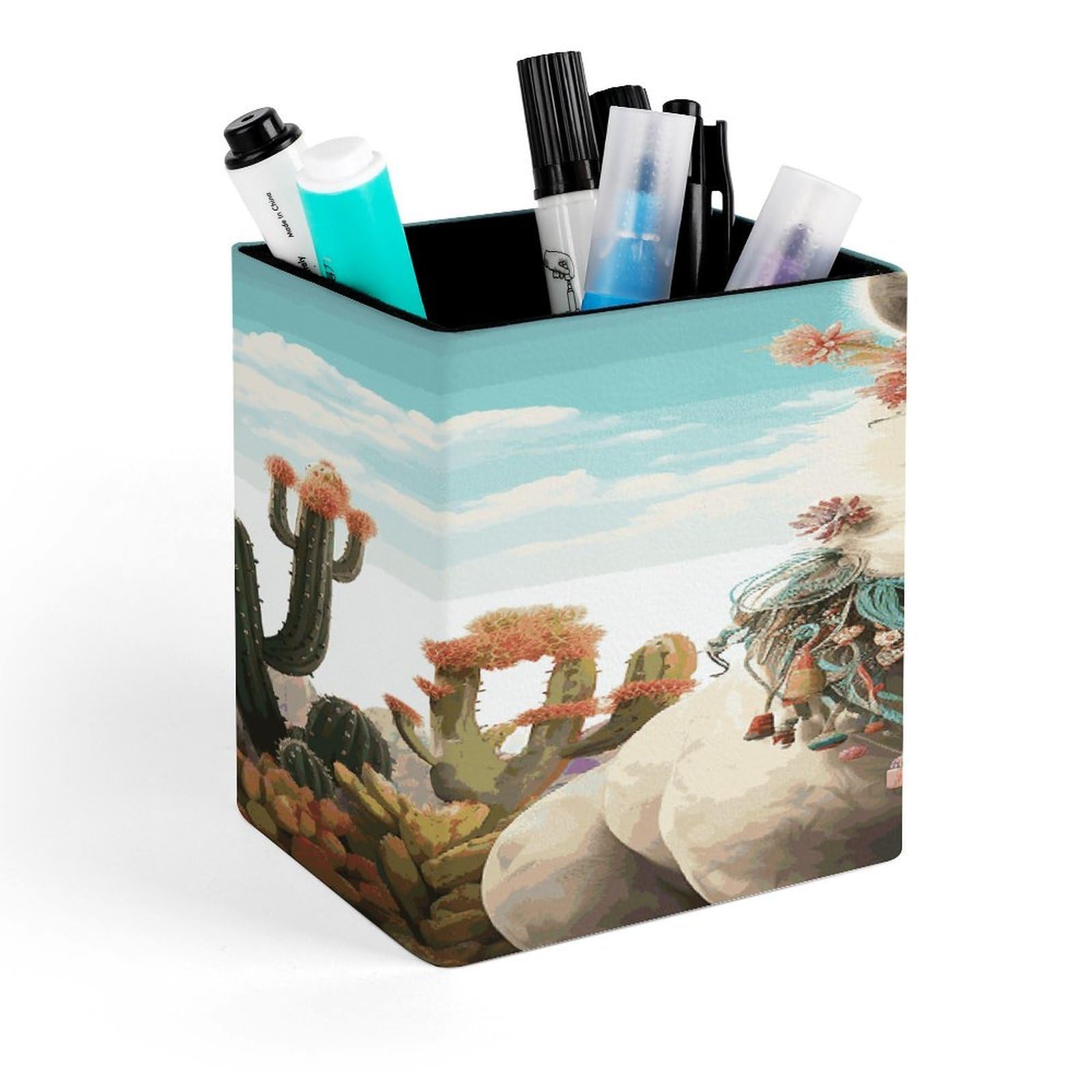 FekiLoot Mexican Llama Cactus Pencil Holder for Desk Square Leather Pen Holder Cup Desktop Organizer Multi-Functional Pencil Cup Holders Modern Decorative Desk Organizer Caddy Makeup Brush Holders