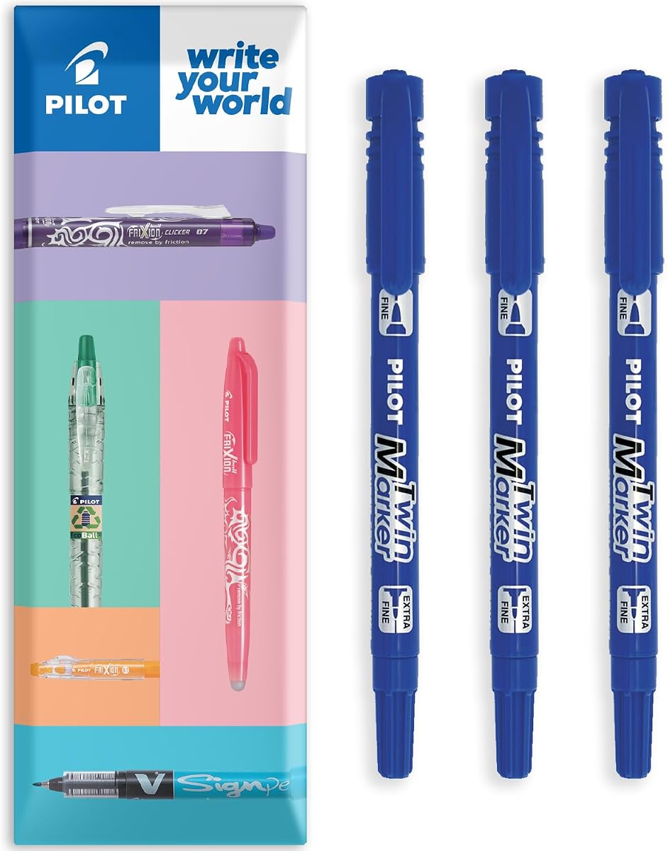 Pilot Twin Marker Pen - Permanent 2-in1 Markers - Fine & Extra Fine Dual Tips - 76% Recycled Begreen Range (Blue, 3 Pack)