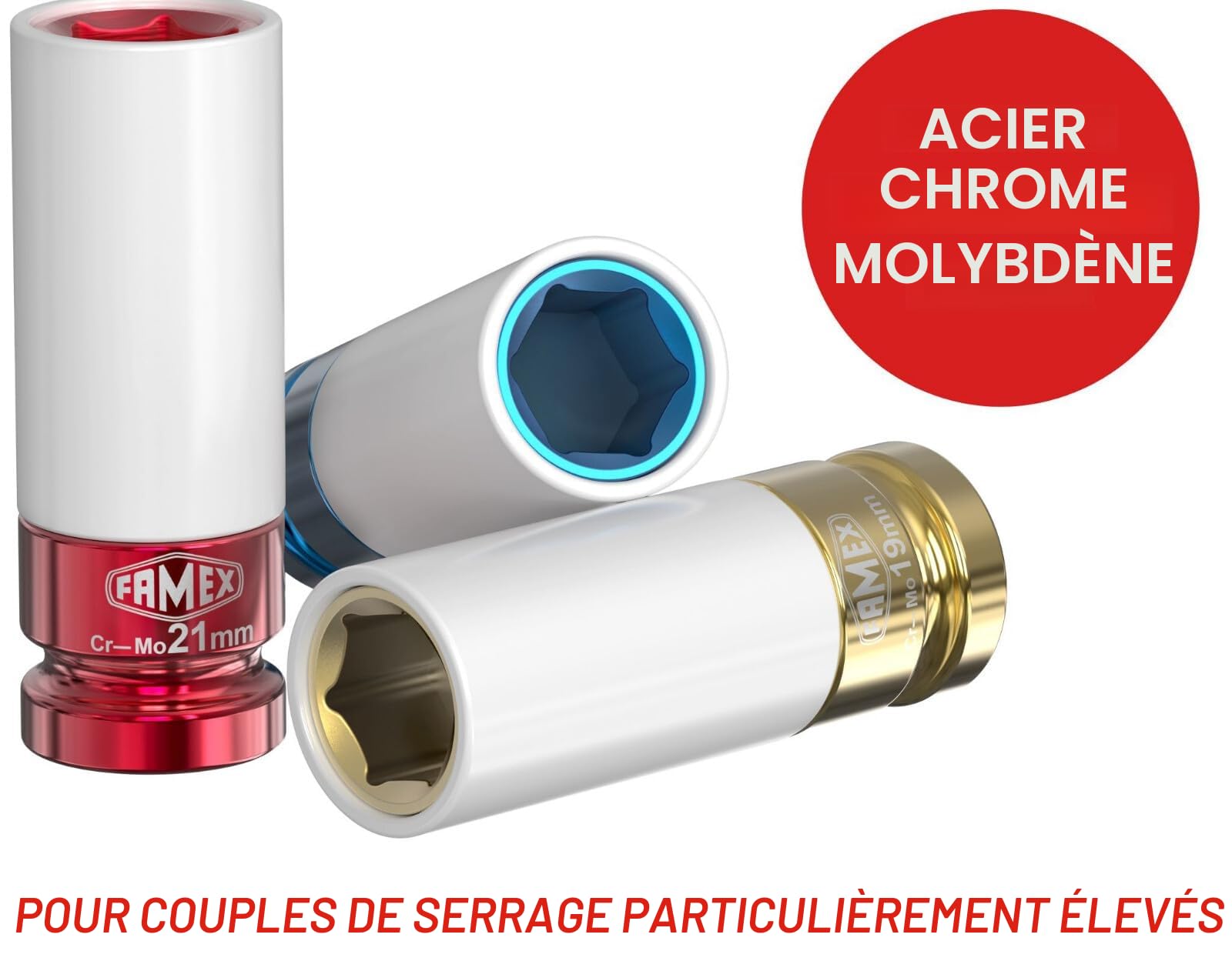 FAMEX 10886-3-RS Clé dynamométrique 1/2" (12,5 mm) 30-210 Nm avec rallonge 3 douilles/inserts de protection pour jantes en aluminium Pour voiture, moto, SUV, van