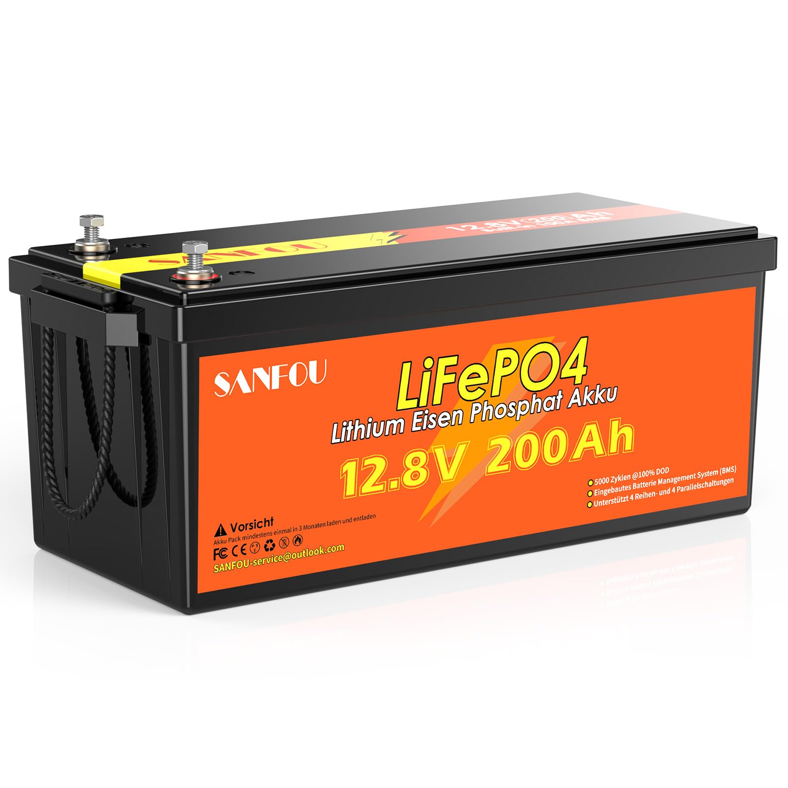 12V 200Ah LiFePO4 Batterie, 2560Wh Lithium Akku mit 100A BMS, 5000-15000 Mal Deep Cycle Batterien, Unterstützung 4S4P, perfekt als Stromquelle für Wohnmobile Camping
