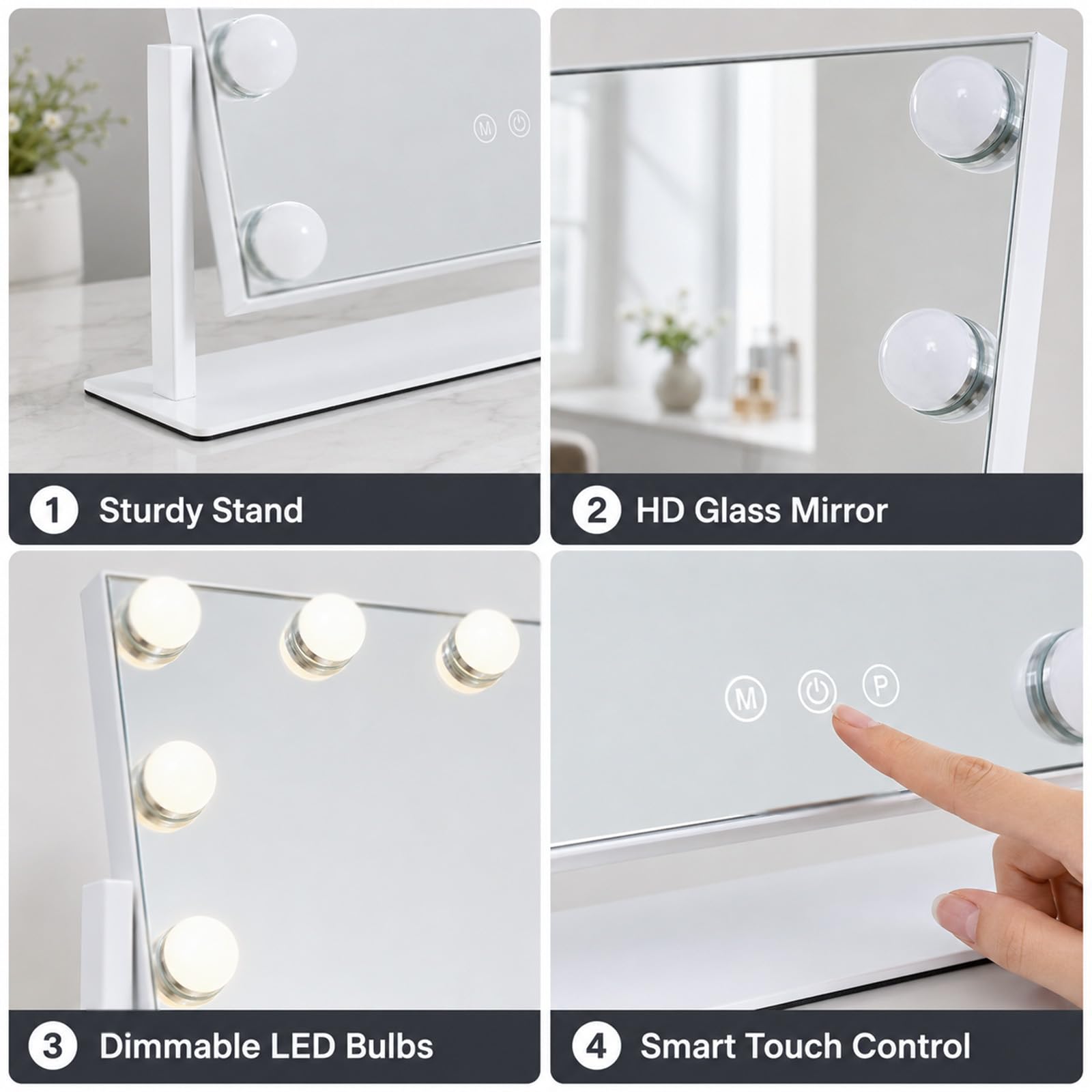 Espejo de maquillaje con luces, 25,4 x 30,5 cm, con 12 lámparas regulables, espejo de maquillaje, 3 modos de color, control táctil inteligente, rotación de 360 ° para baño, vestidor