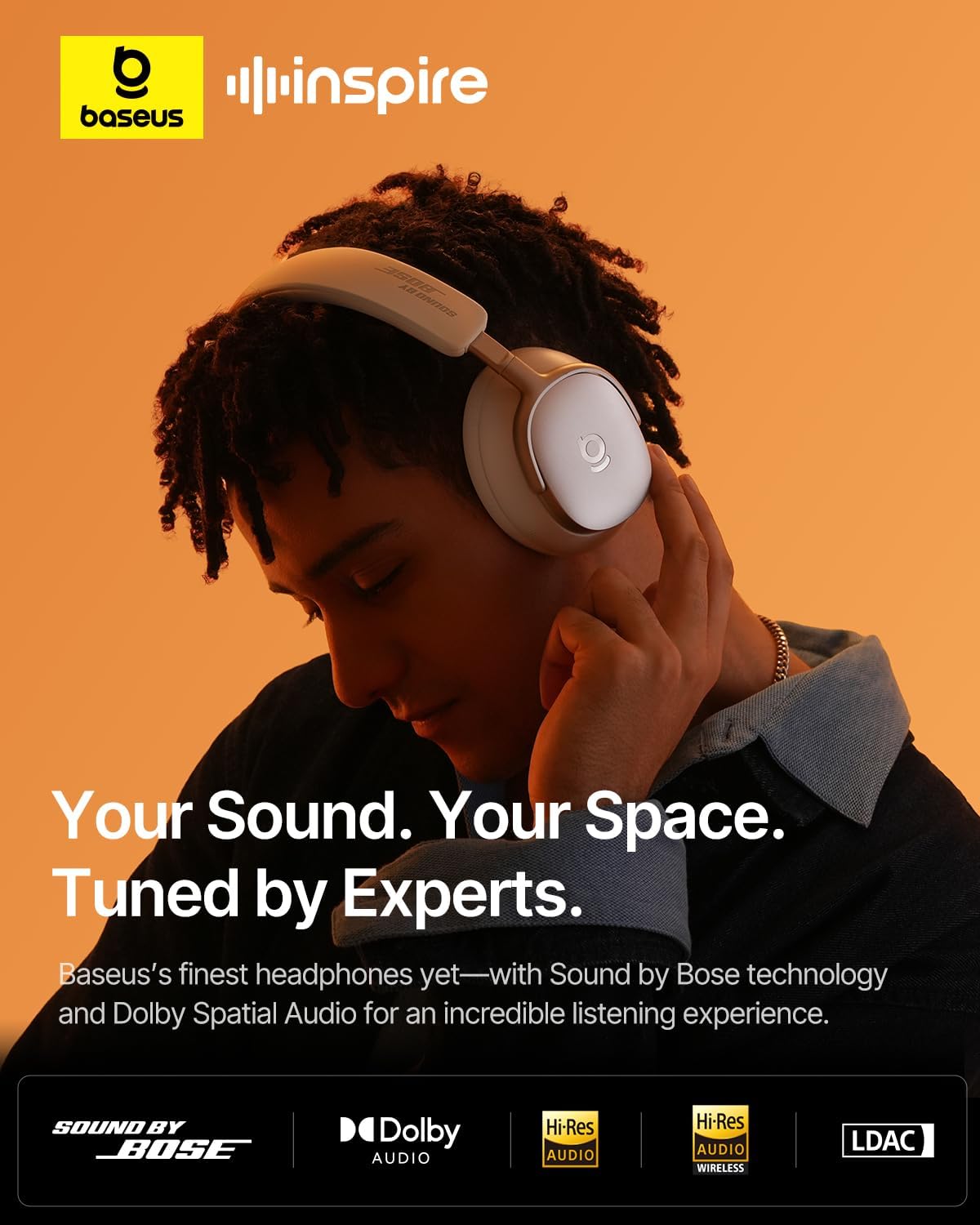 Person wearing Baseus Inspire XH1 headphones with 'Your Sound. Your Space. Tuned by Experts.' text.