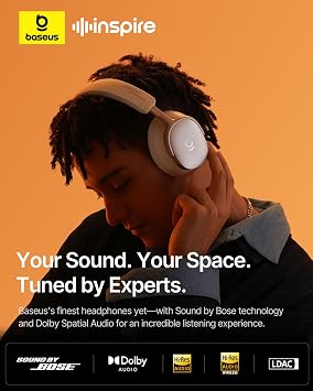 Baseus Inspire XH1 Adaptive Active Noise Cancelling Headphones, Sound by Bose, Dolby Audio, Premium Real-Time Adaptive ANC, Adaptive Rich Sound, Hi-Res Audio, 100H Playtime - Starlight Off-White