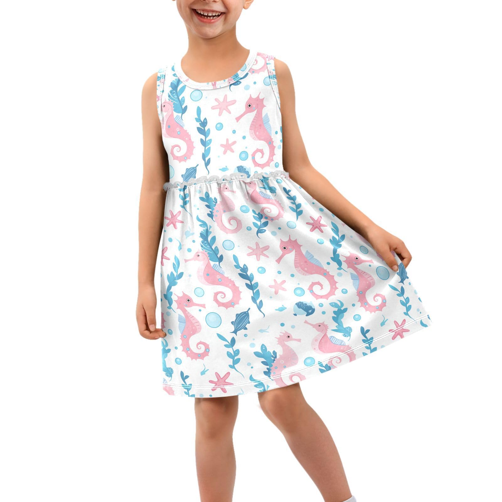 Seahorses Fish Girl Sleeveless Tank Dress Pink Blue Crewneck Twirl Swing Dress for Kids 2T