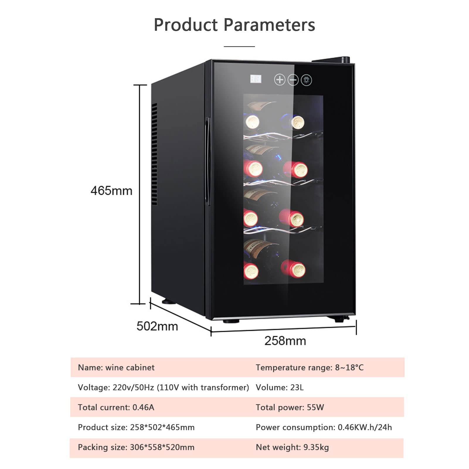 Enfriador Cava de Vinos para 8 Botellas con Panel de Control Digital, Evita Vibraciones, Iluminación LED, 8-18℃ Nevera Vinos con Estantes Extraíbles, 23L, Vinotecas Pequeñas, Negro