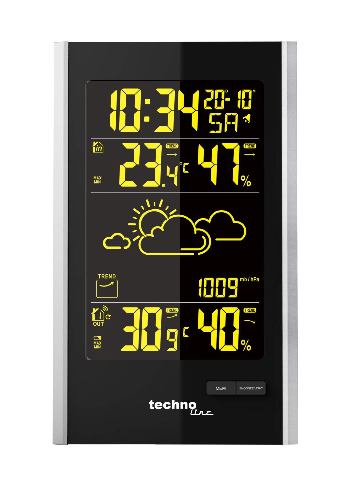 Technoline WS9060 moderne Wetterstation inklusive Außensender TX205D-TH, Farbe der Darstellung wählbar Farbe:Schwarz-Silber