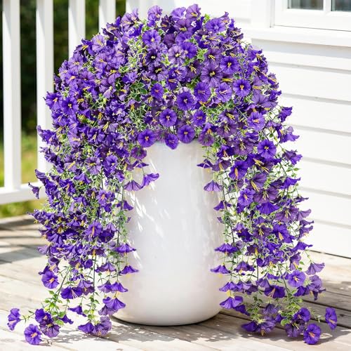 Image of Lewondr Artificial Fake Hanging Flowers Plants for Outdoor Summer Decoration, 2 PCS Faux Silk Purple Morning Glories, 29.5'' UV Resistant Realistic for Outside Planter Porch Patio Balcony Yard Decor