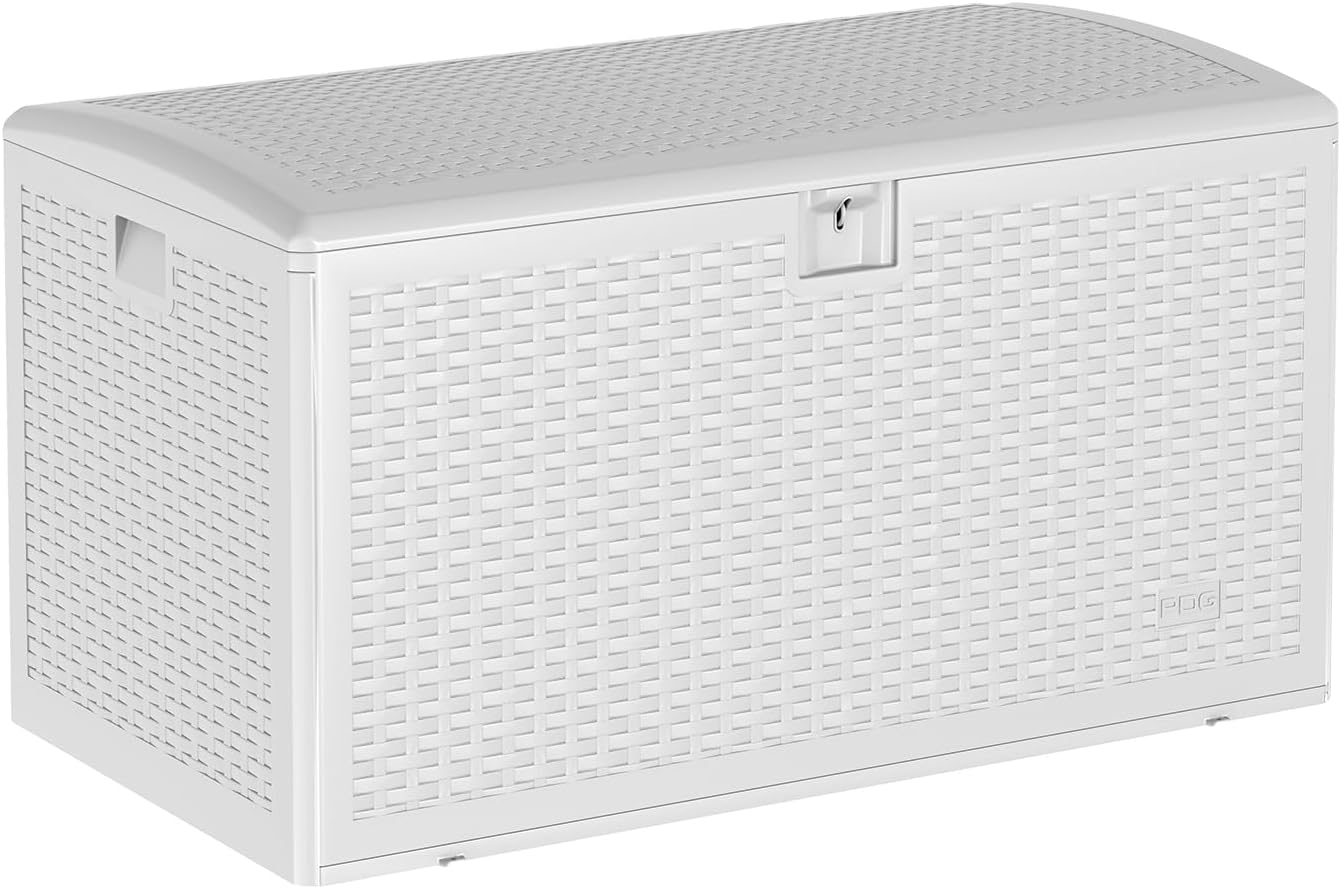 Garvee 120 Gallon Waterproof Large Resin Deck Box Indoor Outdoor, Lockable Storage Container for Patio Furniture Tools, Waterproof Deck Box with Hydraulic Rod Patio Storage Bin for Pool Garden, White