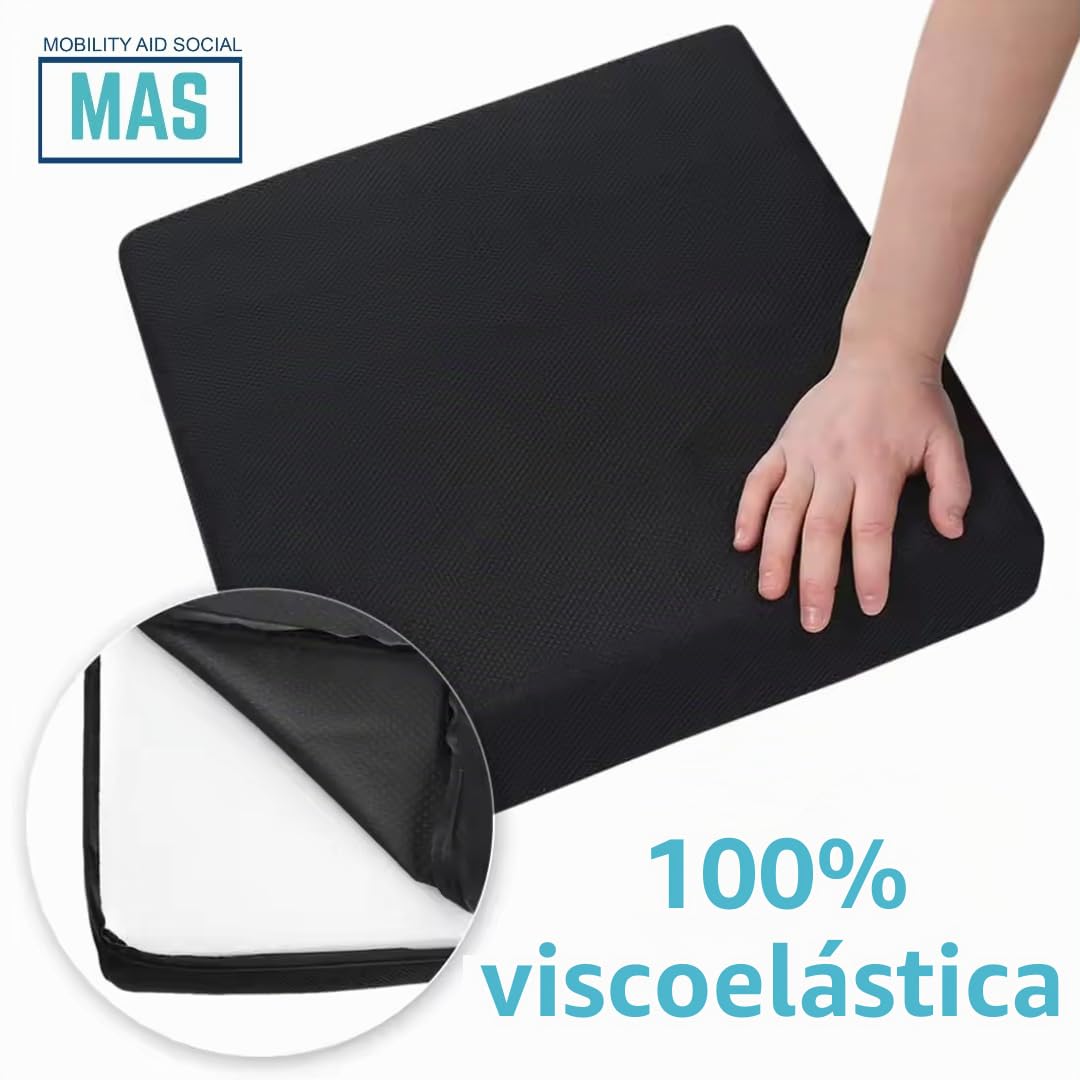 MAS Mobility Cojín Antiescaras 10CM Grosor 100% Viscoelástica para Silla de Ruedas, Silla y Sillón - Marca Española con Funda (Negro)