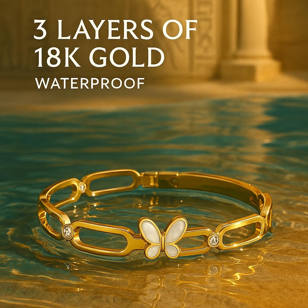 Ora & Eve Butterfly Bangle Bracelet for Women – 18K Gold with White Enamel & Crystal Accents – Waterproof, Hypoallergenic, Dainty Jewelry Gift