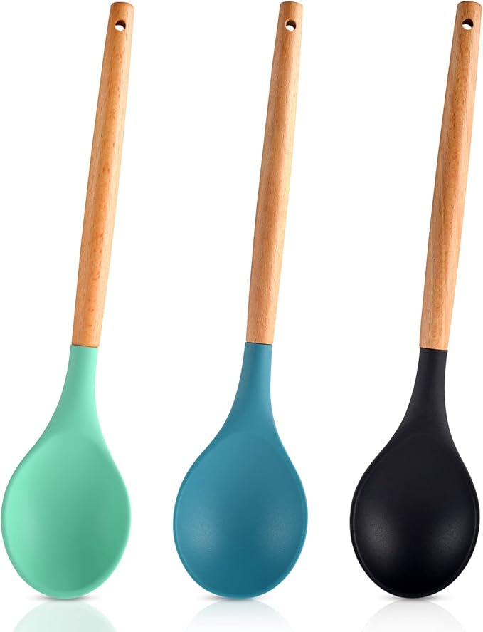 3 Pcs Large Wood Handle Mixing Spoons Silicone Mixing Spoon