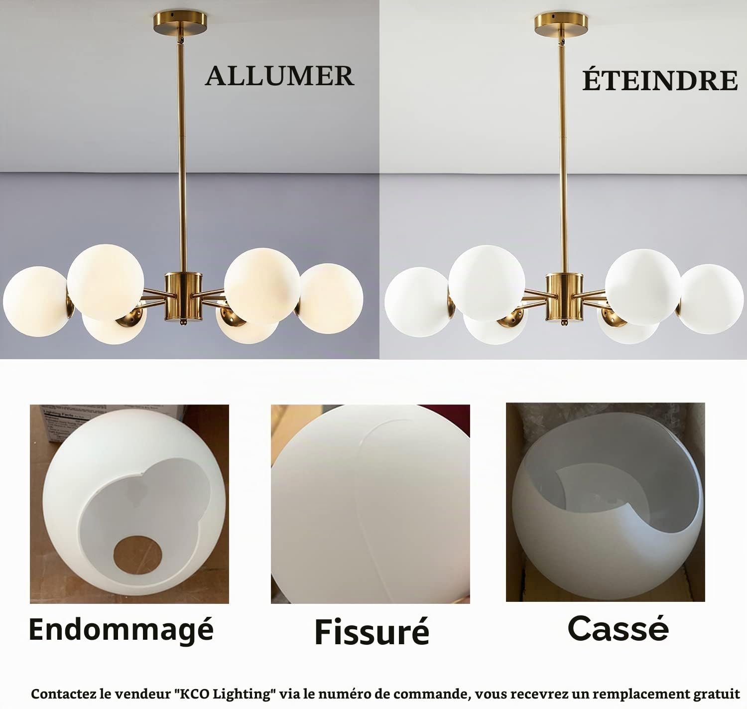 KCO Sputnik Lustre en forme de globe avec abat-jour en verre dépoli moderne en laiton pour cuisine, chambre à coucher (6 lumières)