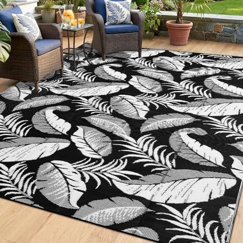 OPPODREAM Reversible Outdoor Rug 6x9, Waterproof Outdoor Plastic Straw Rug for Patio, Tropical Leaf RV Camping Rugs for Outside, Deck, Balcony, Porch, Backyard, Camping, Rv, Black and White