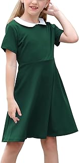 Girl's Short Sleeve Casual Vintage Peter Pan Collar Fit and Flare Skater Party Dress with Pockets 4-12 Years - Buy now
