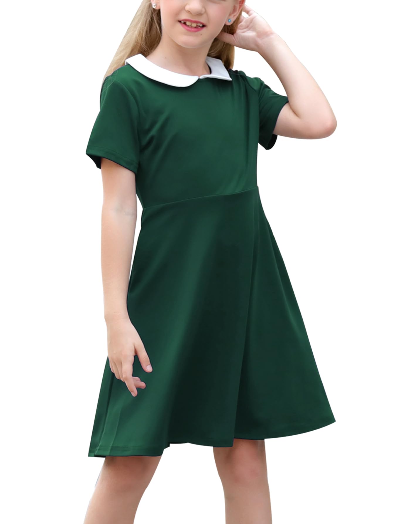 GORLYA Girl's Short Sleeve Casual Vintage Peter Pan Collar Fit and Flare Skater Party Dress with Pockets 4-12 Years