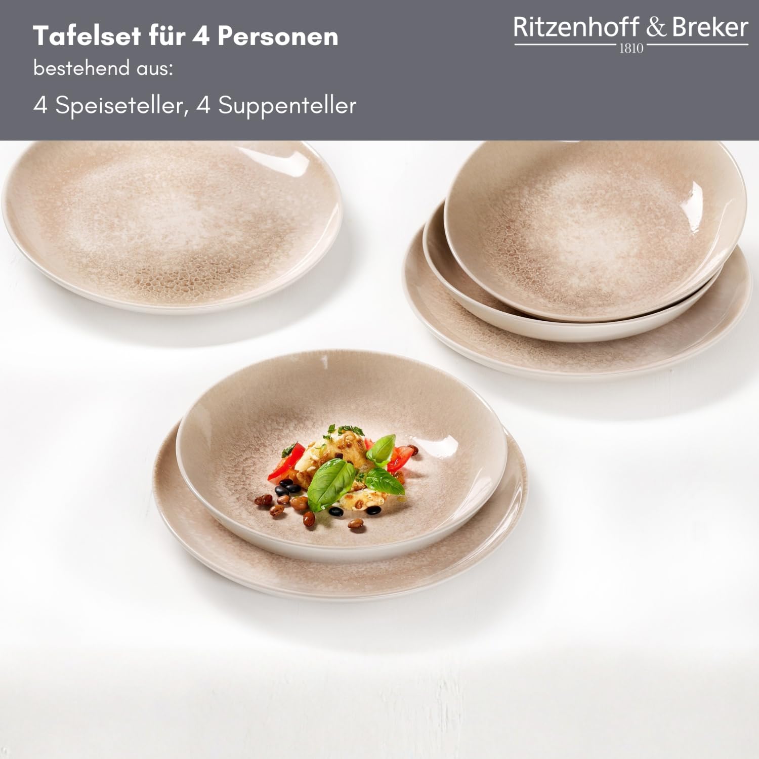 Ritzenhoff & Breker Savora Tafel-Set 8-teilig für 4 Personen – Modernes Geschirr aus Steinzeug im Used-Look – Spülmaschinenfest & Mikrowellengeeignet – Speiseteller & Suppenteller in Sandfarben