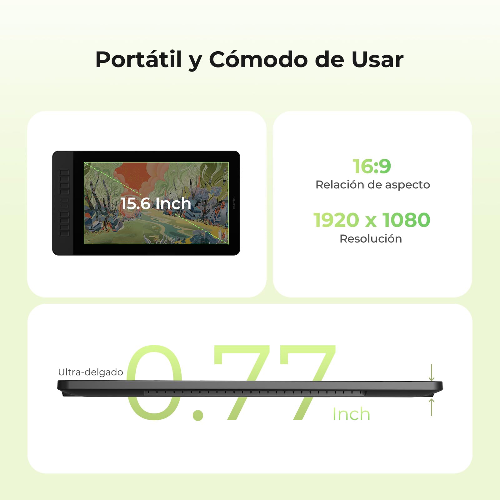 GAOMON PD1561 V2 Tableta gráfica con pantalla, Tableta gráfica de 15,6 pulgadas,16384 niveles de presión del lápiz, 99% sRGB, △E 1,5, 10 teclas de dibujo, Compatible con Windows, Mac, Android y Linux | 99 % sRGB E<1.5, soporte ajustable, tableta gráfica p