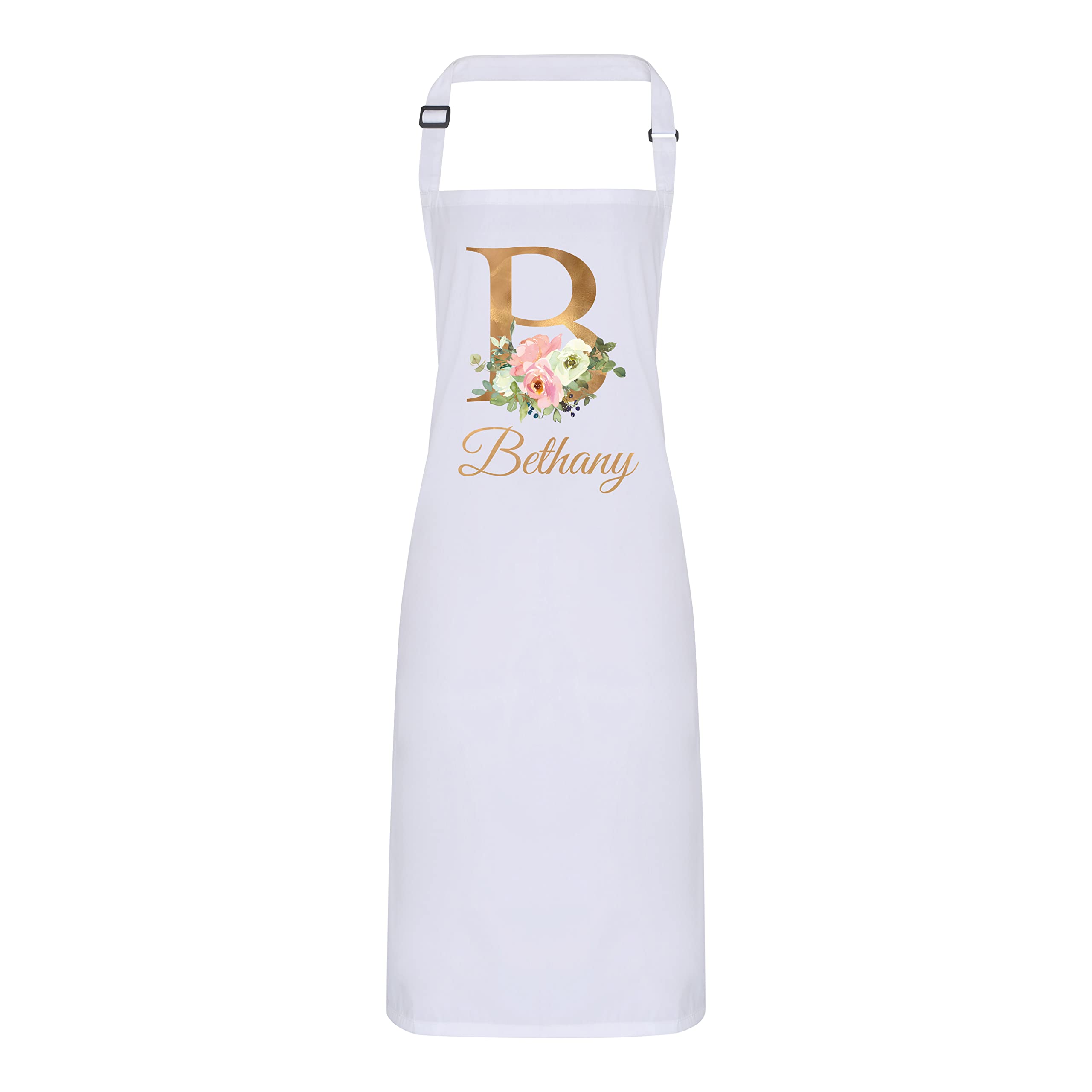 Personalised Floral Gold Initial and Name Apron with Adjustable Neck Strap - Full Colour Print (White)