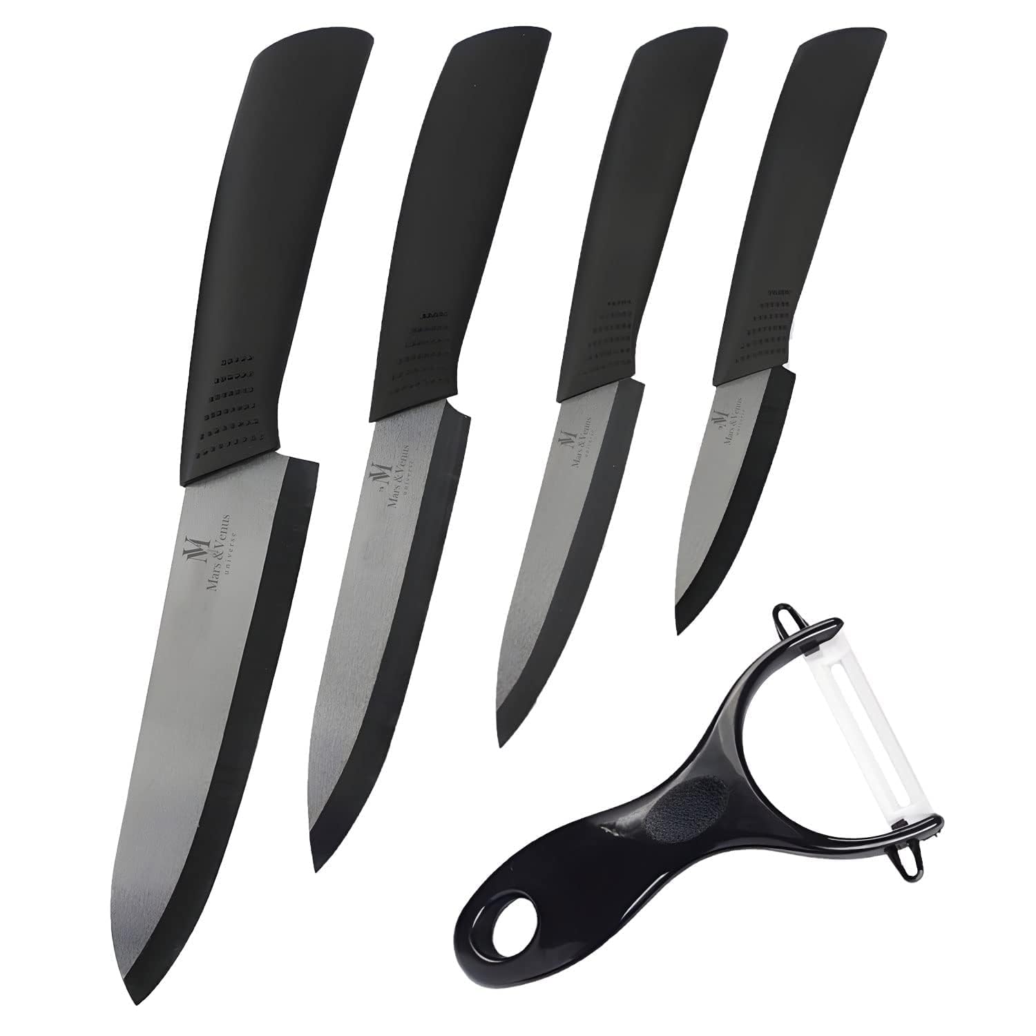 MARS & VENUS Knife Set [4 pcs] With Peeler, Ceramic Kitchen Knives, Sharp Plain Blade Edge for Slicing, Chopping Pairing Cutting, Ideal for Vegetable, Fruit & Boneless Meat