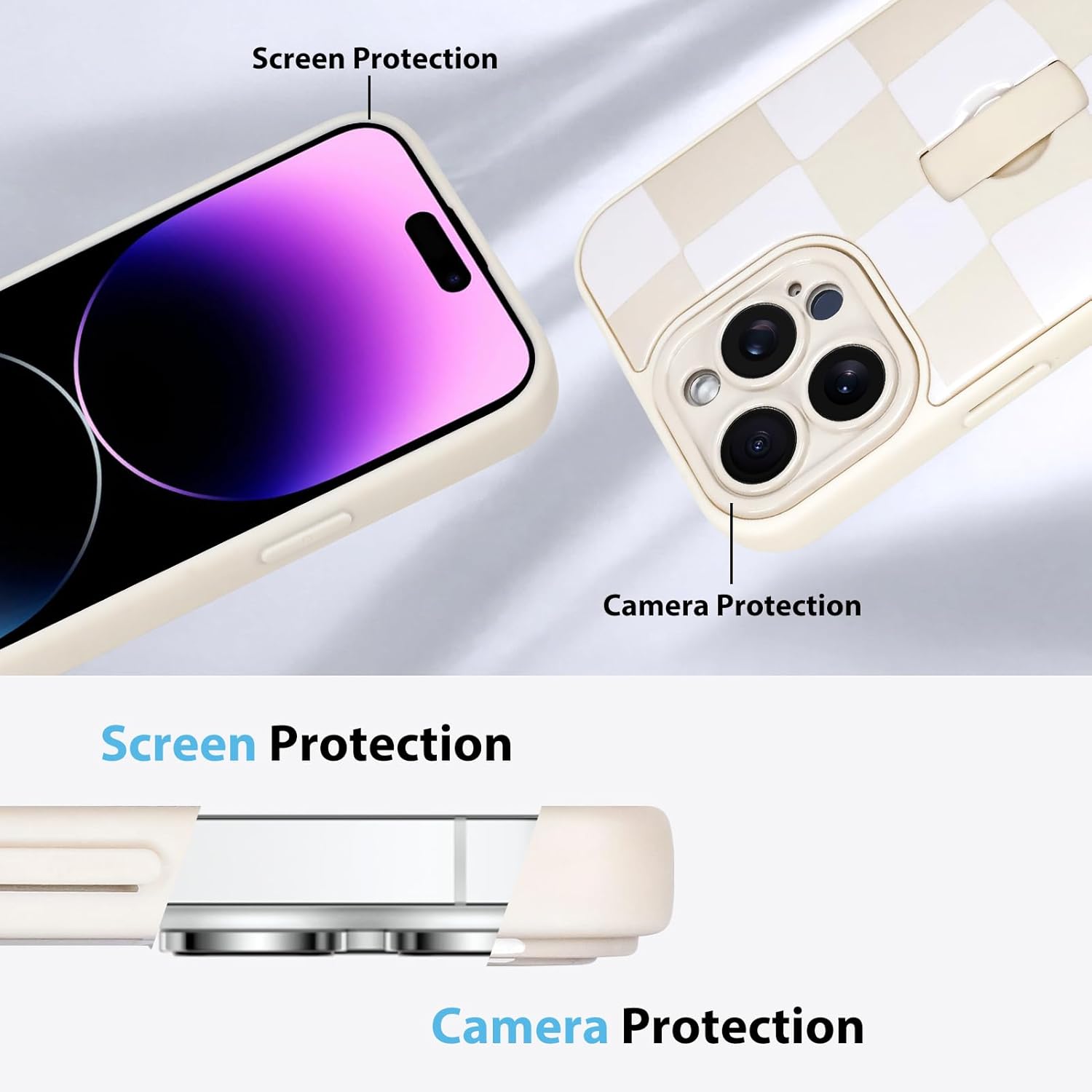 KANGHAR Compatible with iPhone 14 Pro Max Case, Silicone Checkered Cute Pattern, Wristband Kickstand Camera Protection Soft Slim Cover for Girls Women -White - Image 5