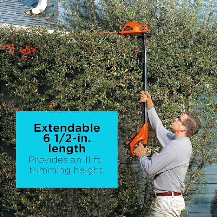 BLACK+DECKER 20V MAX Pole Hedge Trimmer Cordless with Battery and Charger, 18-Inch Dual Action Blade Power Hedge Trimmer, Extended Long Reach Hedger Up to 11 Ft, 180 Degrees Pivoting Head (LPHT120)