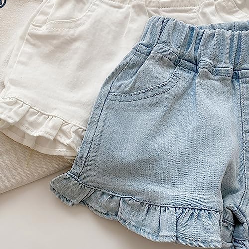 Shorts jeans rodados na cintura elástica com babados e cor lisa para meninas, Azul, 4-5 Anos