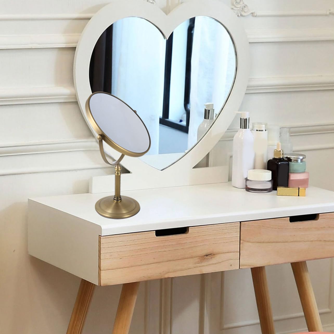 POPETPOP Espejo de Escritorio Doble Cara Aumento 7X 8 Pulgadas Marco de Metal Resistente Base Antideslizante para Mujeres Maquillaje y Cuidado Personal