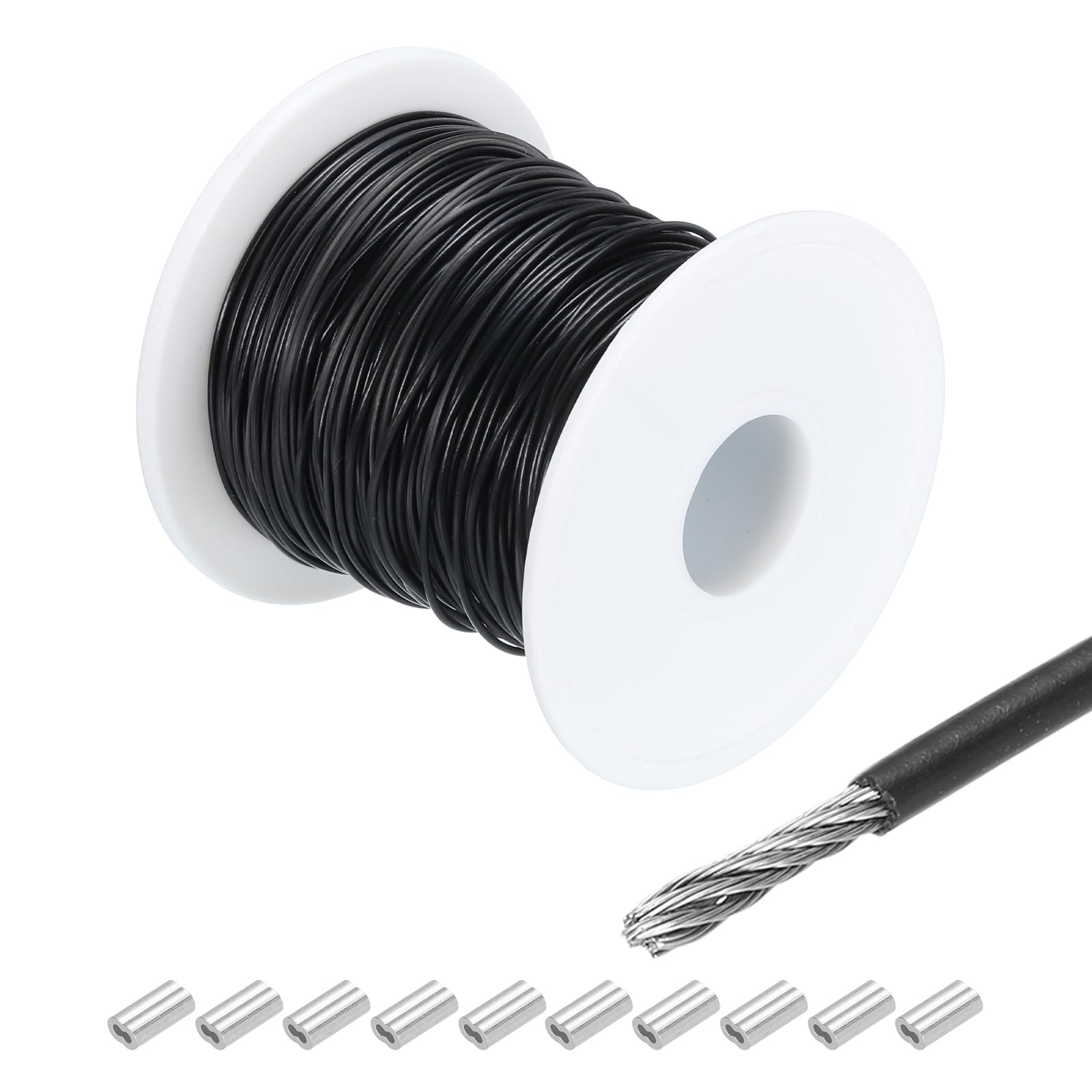 MECCANIXITY 100Ft(30M) Wire Rope 304 Stainless Steel Cable 3/64"(1mm) Vinyl Coated with 10Pcs Aluminum Sleeves for Hanging, Clotheslines, Black