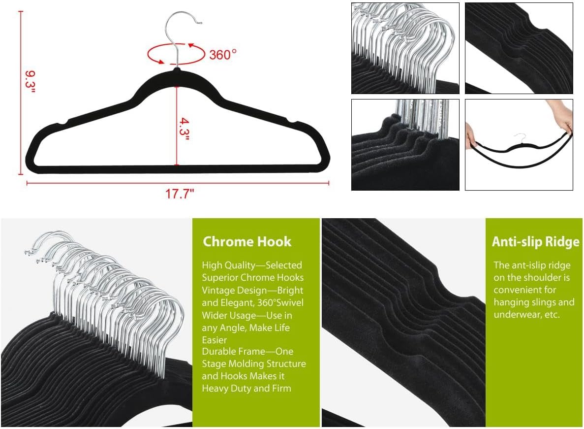 Yaheetech Non Slip Velvet Hangers - Heavy Duty -Flocked Hangers Coat Suit Hangers Space Saving Clothes Hangers with 360° Swivel Hook, Black - Pack of 300