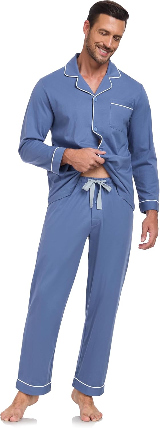 COLORFULLEAF Men's 100% Cotton Pajama Sets Breathable Long Sleeve Pjs Mens Cotton Sleepwear With Pockets - Image 7