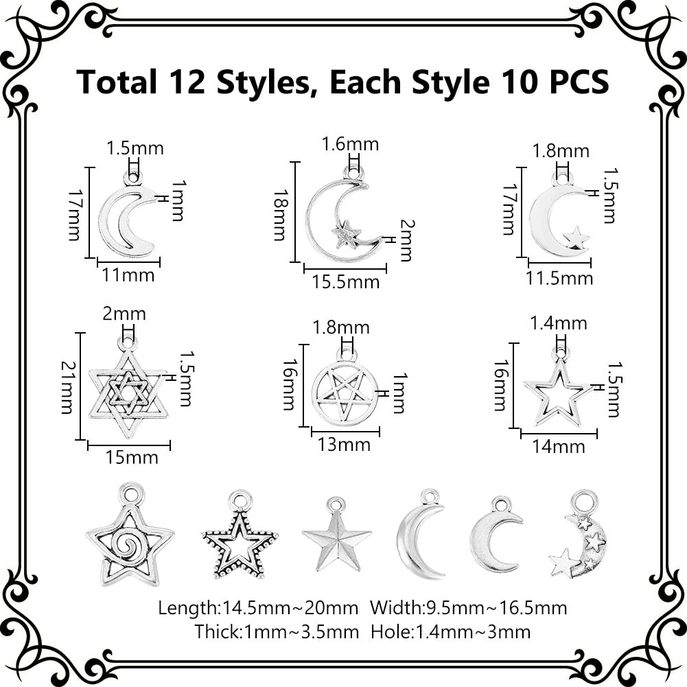 UNICRAFTALE circa 120 Pz 12 Stili Luna Stella ciondolo Ciondoli Stile Tibetano Argento Antico Pentagramma per Gioielli Orecchini Collana Bracciale per Natale