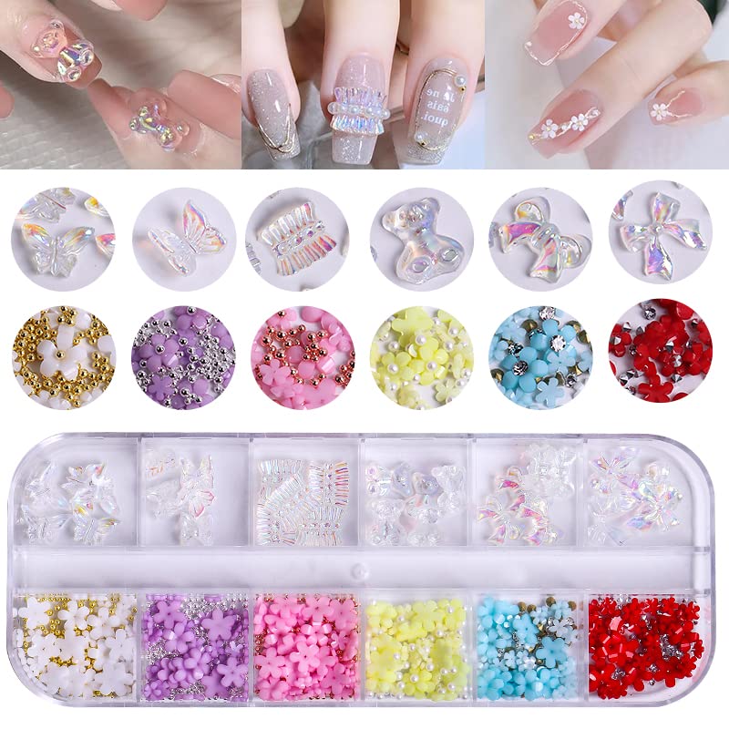 2 Schachteln 3D Nageldesign Zubehör – Acryl Blumen, Perlen, Strasssteine Für DIY Nail Art