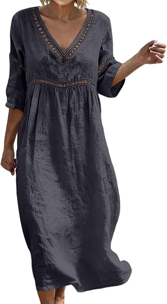 Womens Cotton Linen Maxi Dress Summer 3/4 Sleeve Lace Patch Baggy Lounge Dresses 2026 Boho Beach Vacation Sundress