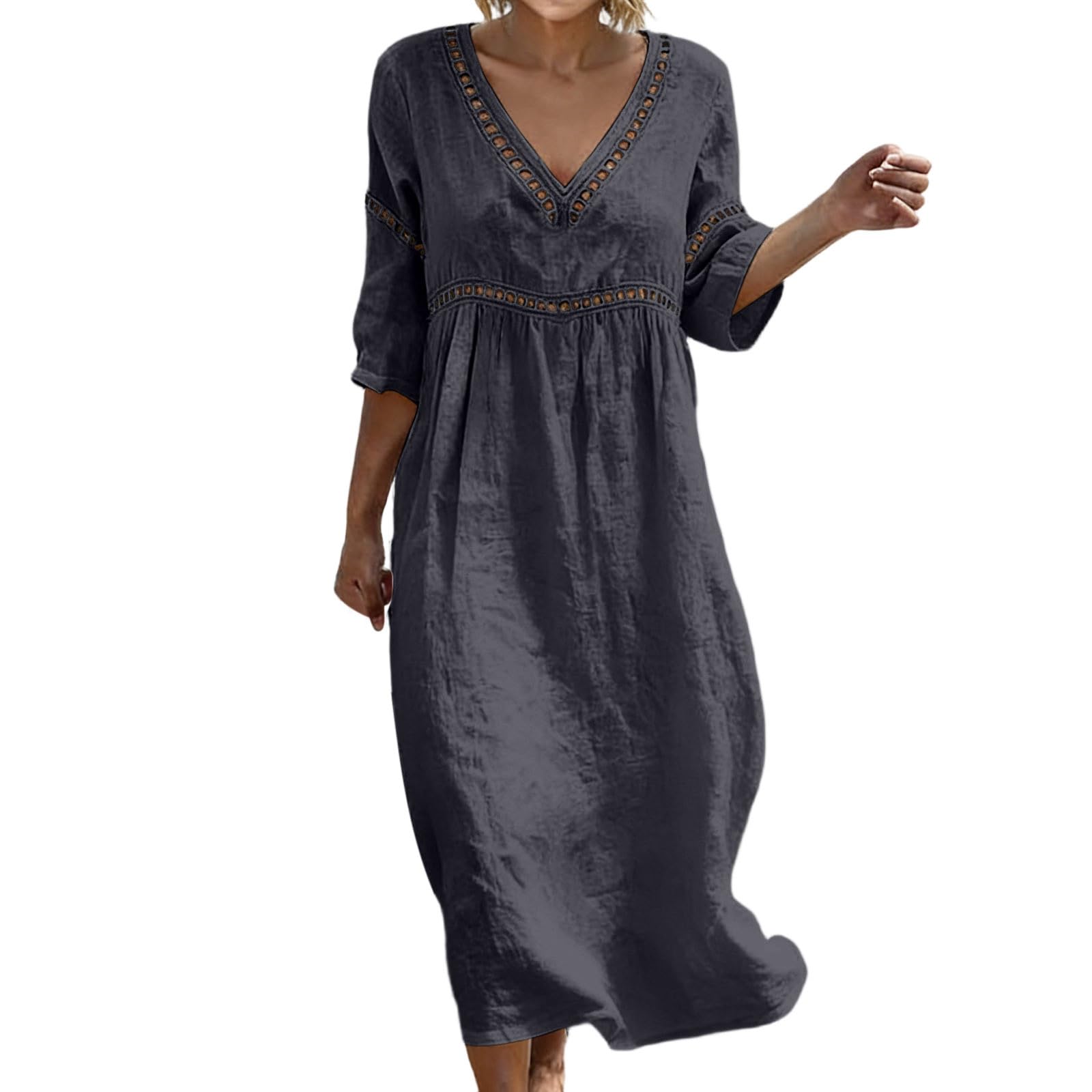 Générique Robe Coton Lin pour Femme Été Fluide Manche 7/8 Chic et Elegant Robes Col V Décontractée Grande Taille Robes Couleur Unie Respirant D'été Boheme de Plage Vacances Maxi Dress