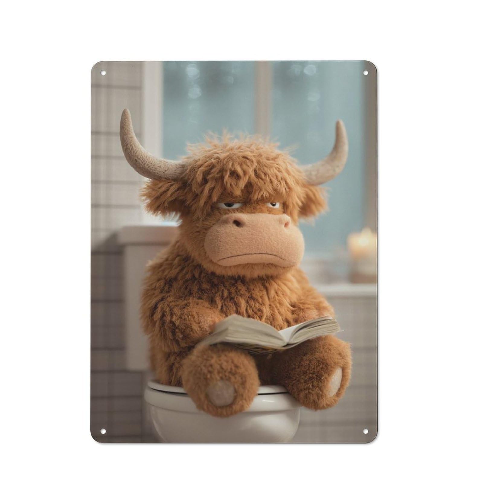 Stuffed Highland Cow Reading on Toilet Metal Wall Plaque 40x30cm, Classic Retro Room Decor for Bedroom, Office, Home Bar Or Dining Room