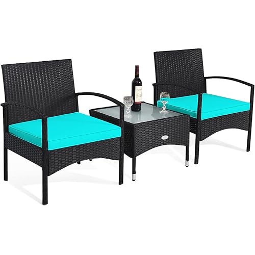 COSTWAY 3 PCS Patio Wicker Conversation Set, PE Rattan Sofa with Tempered Glass Coffee Table, 2 Chairs, 2 Cushions, Outdoor Patio Furniture Set for Yard Porch Bistro Balcony Backyard Pool, Turquoise