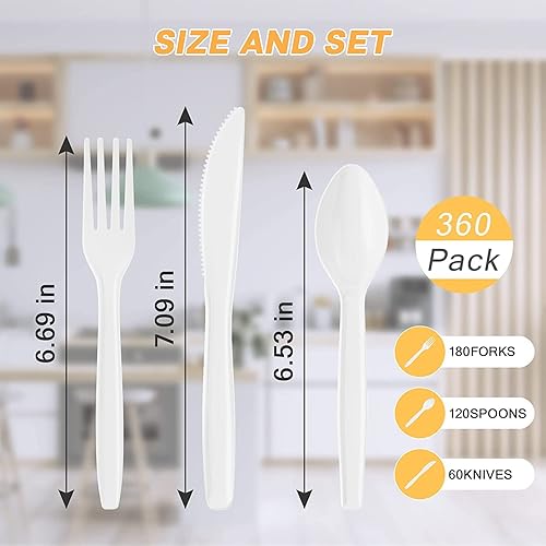 Miniatura 5 de Juego de 360 cubiertos de plástico, utensilios de plástico desechables blancos resistentes y 210 piezas de vajilla de plástico dorado