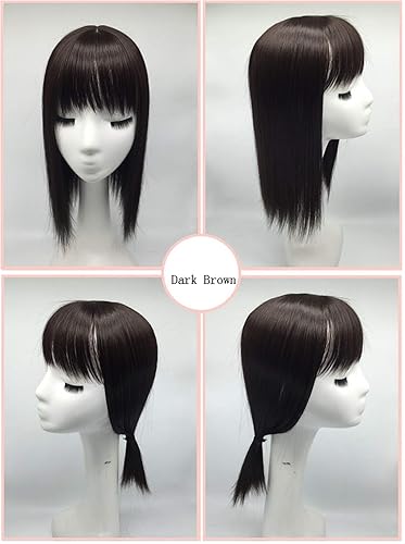 Miniatura 3 de LXUE Extensiones de cabello de 14 pulgadas con flequillo, extensiones de cabello con clip en la parte superior para cabello fino (marrón oscuro,