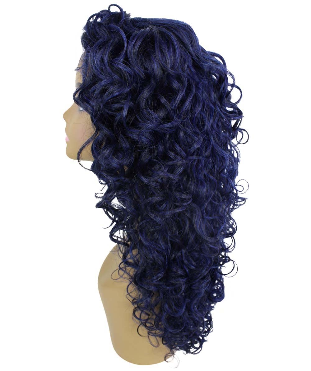 LUXLUXE Mariah Curly 16 Inch Long 7x4 Hand-Tied Lace Front Wig, Heat Resistant Fiber, 20+ Shades of Natural, Dip Dyed, & Blended Colors (#Blue Black - Blue and Black Blend)