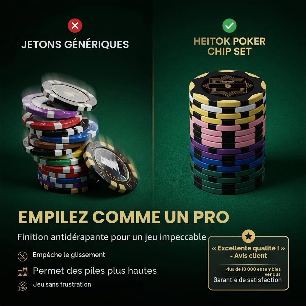 HEITOK Mallette Poker 300 Jetons Numérotés 14g Clay Composite Aluminium Texas Holdem et Blackjack