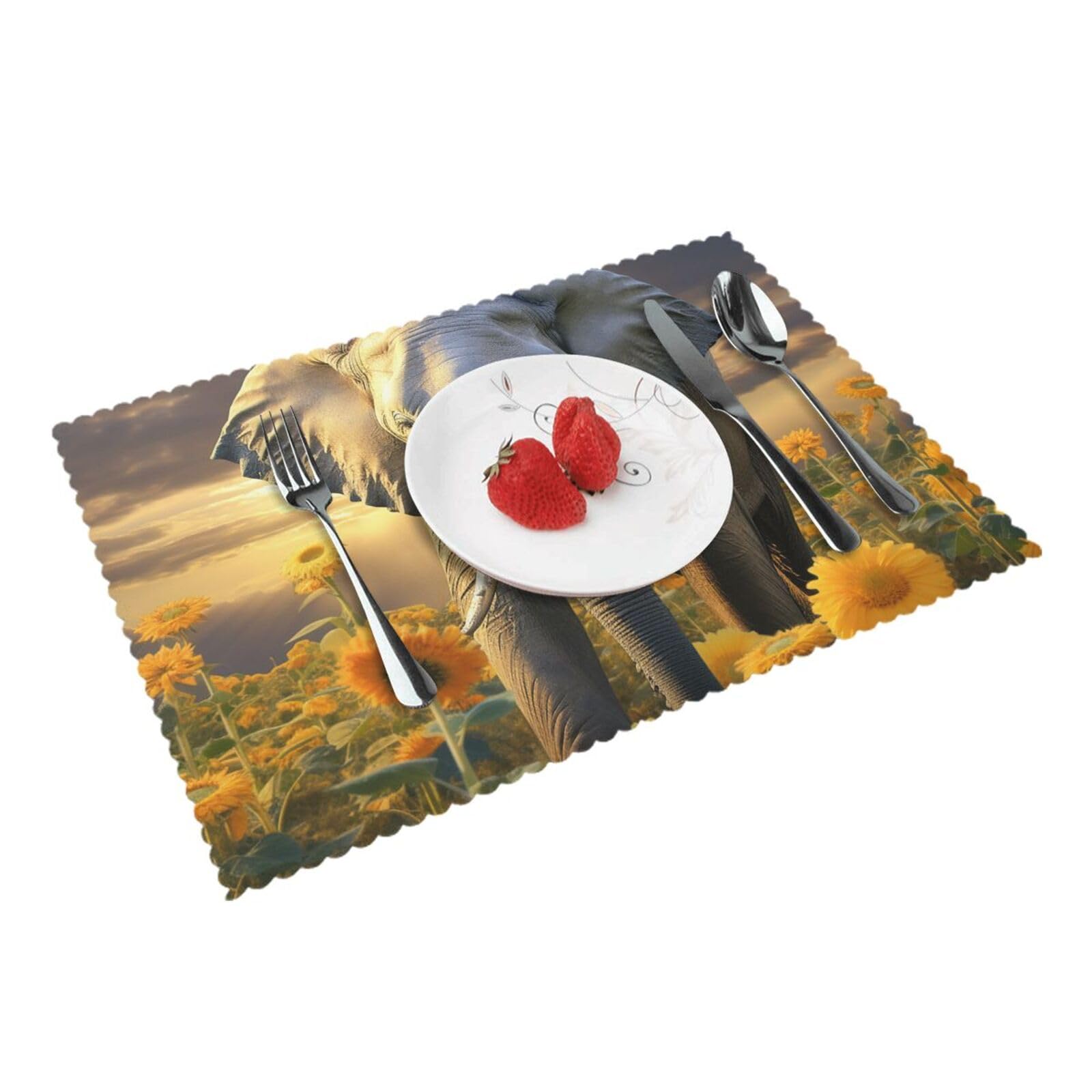 Placemats Set of 4 Heat Resistant Woven Place Mats for Dining Table Elephant with sunflower Placemats Washable Wipeable PVC Table Mats Indoor/Outdoor Place Mats for Party Kitchen Decor 30x45 cm