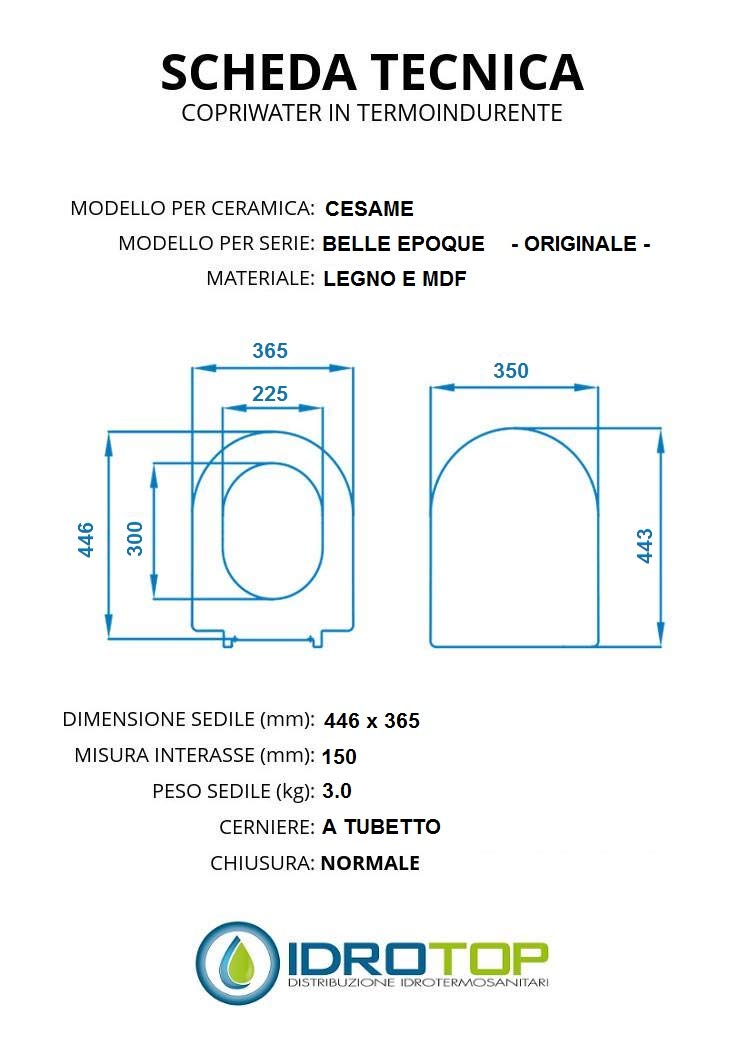 IDROTOP Copriwater per Cesame Epoque come Originale, Bianco, Forma a D | Anima in legno, Poliestere lucido, Cerniera tubetto ottone cromato, Made in Italy