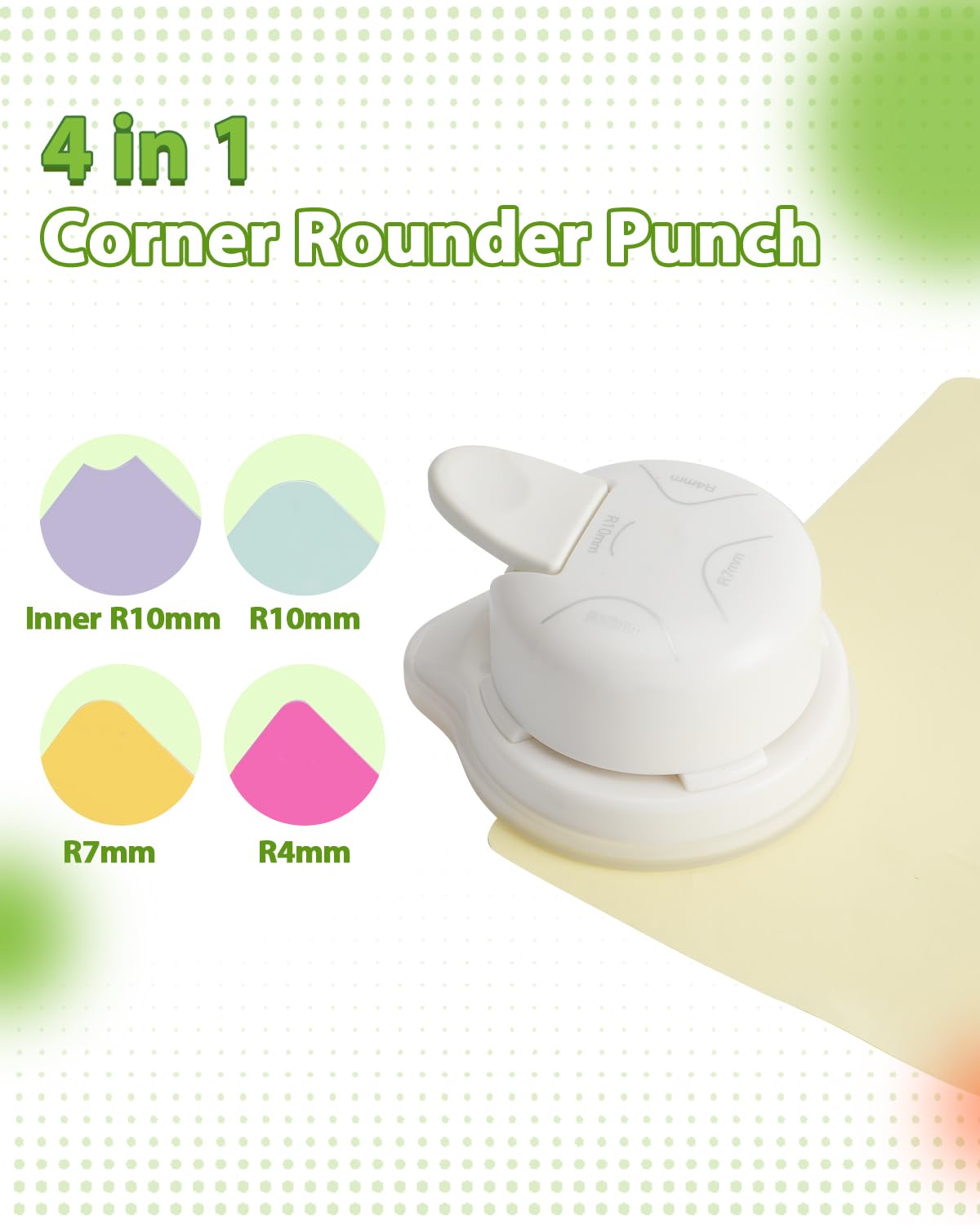 UCEC 4 in 1 Corner Rounder Punch (Inside Rounded Corner+R4mm+R7mm+R10mm), Corner Trimmer Punch for Cardstock, DIY, Photo, Scrapbooking, Paper Corner Cutter with Bottom Paper Shreds Collection (White)
