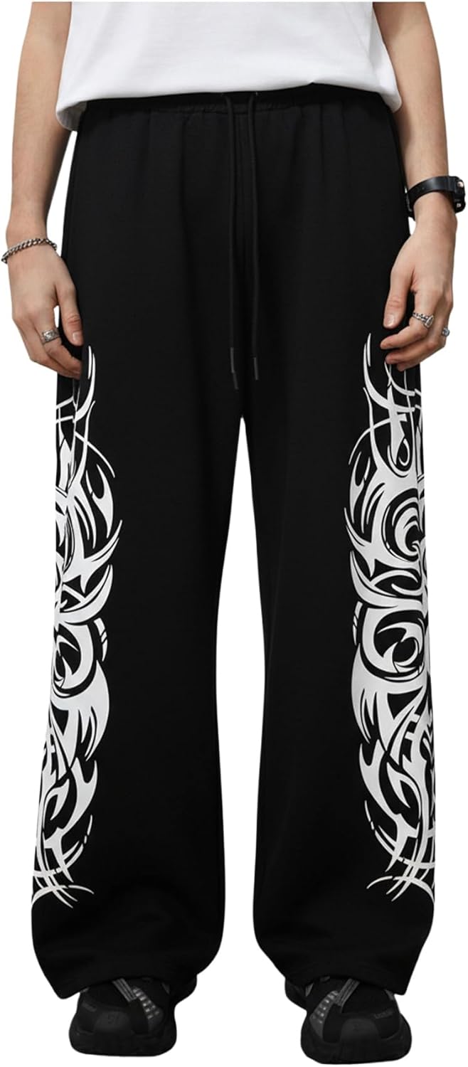 Men's Baggy Sweatpants Y2k Gothic Graffiti Drawstring Waist Wide Leg Lounge Pants Athletic Joggers Pants with Pockets