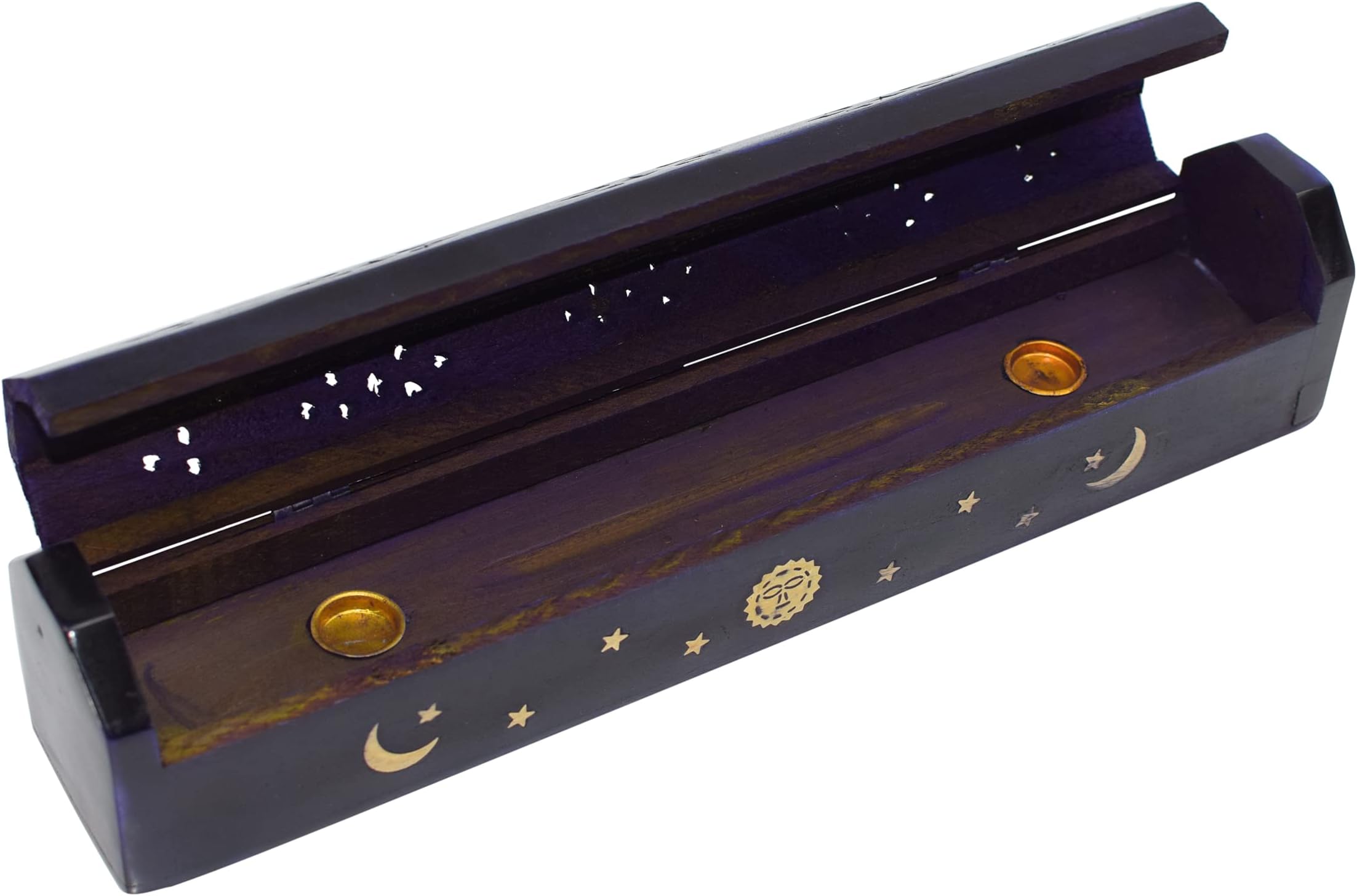 OM SHRI OMSun, Moon, and Stars Brass Inlay Design - Wooden Coffin Incense Burner for Incense Sticks and Cones (Dark Purple)