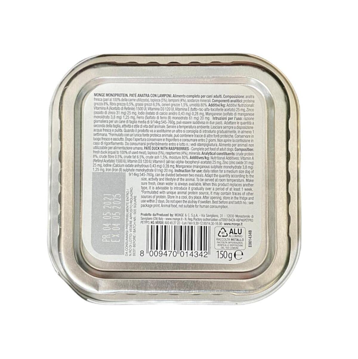 Monge Monoprotein Cibo umido per Cane Anatra con Lamponi, naturalmente senza coloranti, conservanti e zuccheri aggiunti. Confezione da 24 vaschette (1 = 150gr.)